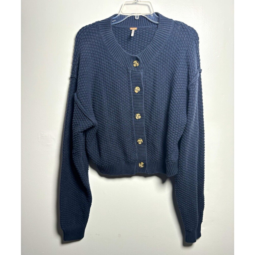 Free People Women’s XL Blue Solid Knit Crew Neck Button Front Cardigan Sweater